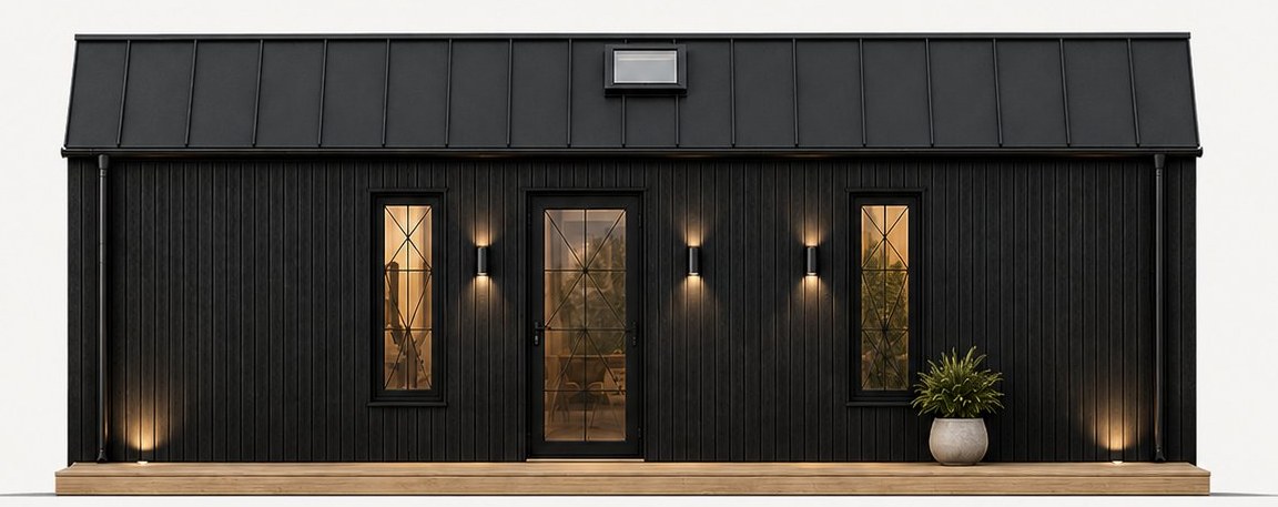 51 m² nøglefærdigt sommerhus fra Kontrast — sort facade med store vinduer og overdækket terrasse